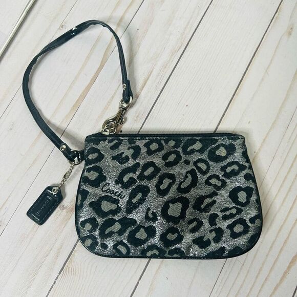 Coach Handbags - Coach Black Silver Glitter Leopard Zip Wristlet